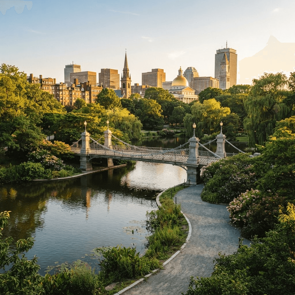 The Boston Public Garden footbridge with the city skyline in the background