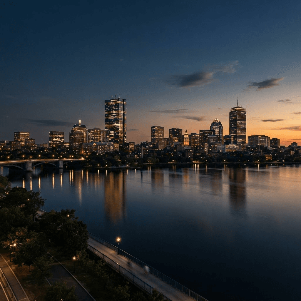 The Boston skyline at dusk across the Charles River